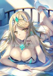 ahoge ass bare_shoulders bed blonde_hair blush breast_press breasts circlet cleavage cleavage_cutout female gem high_heels hinot inoue_takuya_(pixiv_99697) large_breasts long_hair looking_at_viewer lying mythra_(xenoblade) nintendo on_stomach one-piece_swimsuit shiny shiny_hair shiny_skin simple_background smile solo swimsuit tiara xenoblade_(series) xenoblade_chronicles_2 yellow_eyes