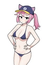 1girl 1girls bikini black_bikini black_bikini_bottom black_bikini_top black_eyes boobs cap cat_girl dissappointed_look female female_only front_view pink_hair steam_(software) steam_delivery_girl white_background white_skin