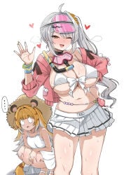 ... .... 2girls amber_eyes animal_ears bikini blush cosplay diving_mask female female_focus female_only goggles goggles_around_neck hat highres hoyoverse huge_breasts jacket ju_fufu light-skinned_female light_skin looking_at_another looking_at_viewer luciana_de_montefio_(cosplay) mihoyo mole mole_on_breast nahanmin navel one_eye_closed pink_jacket side_ponytail simple_background skirt squatting sun_hat sundress sweat sweating swimsuit tiger_ears tiger_girl visor_cap waving waving_at_viewer white_background white_bikini white_hair wink yixuan_(zenless_zone_zero) zenless_zone_zero
