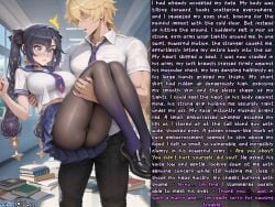 1boy 1boy1girl 1girls ai_generated big_ass big_breasts blue_eyes caption embarrassed english_text genshin_impact holding mona_(genshin_impact) muscular muscular_male netorare purple_hair santi21 scared scared_expression school_uniform schoolgirl size_difference story tagme