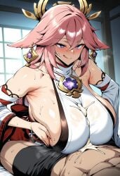 1boy 1girl :q abs ai_generated alternate_breast_size animal_ears armpit_crease bare_shoulders between_breasts blush breast_press breasts breasts_squeezed_together clothing cum cum_in_clothes cum_on_body cum_on_breasts cum_on_clothes detached_sleeves earrings ejaculation female fox_ears genshin_impact hair_between_eyes hair_ornament hetero huge_breasts indoors japanese_clothes jewelry large_breasts licking_lips long_hair long_sleeves male muscular naughty_face necklace novart01 on_back paizuri paizuri_under_clothes pendant penis pink_hair purple_eyes semen sideboob smile solo_focus sweat tongue tongue_out very_long_hair wide_sleeves yae_miko yae_miko_(genshin_impact)