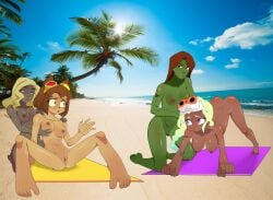 4girls alien_girl all_fours anoneysnufftan anthro applying_sunscreen ass ass_up beach beach_towel birds_of_prey black_canary blonde_hair blue_eyes braided_hair breast_grab breasts brown_hair cat_ears cat_girl conversation dark-skinned_female dark_skin dc_comics dcau dinah_lance embarrassed embarrassed_nude_female female female_only gameoverse goggles goggles_on_head green_hair green_skin gunsmith_bitch_(psg) hand_on_shoulder hanging_breasts humiliation imminent_death justice_league killer_lotion kit_(gameoverse) legs_apart long_hair looking_aside looking_at_another looking_at_partner martian massage megan_morse miss_martian murder nervous nipples nude nude_beach open_mouth palm_tree panty_&_stocking_with_garterbelt peril photo_background pink_eyes punishment pussy red_hair rubbing sand seaside sitting sky snuff speaking spread_legs summer sunbathing talking talking_to_partner towel water young_justice