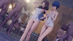 covering_breasts flashing_pussy happy hot_spring kujikawa_rise naked naked_female naked_male nervous_face persona_4 pussy shirogane_naoto surrounded_by_men towel