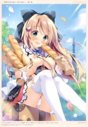 1girls bag blond_hair blush bread breast breasts_out clothed dress exposed_breasts frilled_dress frilled_skirt frilled_wrist_cuffs hair_ornament highres large_breasts long_hair melonbooks nipples original pan_(mimi) panties shirt sitting skirt skirt_lift straight_hair wrist_cuffs