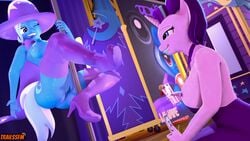 3d 4k absurdres anthro ass beverage breasts dancing duo equid equine female footwear friendship_is_magic furry genitals high_heels highres horn large_breasts mammal money my_little_pony nude one_eye_closed pole pole_dancing pussy shoes smile starlight_glimmer stripper_pole trailssfm trixie_(mlp) unicorn wink