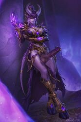 ai_assisted ai_generated armor balls big_breasts bikini_armor bluegirl91 curvy dark_background detailed_background draenei energy_ball erection fantasy futanari gauntlets glowing_eyes glowing_magic glowing_penis gold_armor hooves horns horse_penis large_penis looking_at_viewer magic magic_casting one_hand_raised pauldrons precum purple_armor purple_lighting purple_skin purple_theme solo spiked_armor standing standing_on_one_leg tail testicles thighhighs veiny_penis warcraft wide_hips world_of_warcraft wow