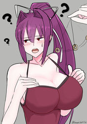 ? bacantshift1st blush breasts cleavage female huge_breasts large_breasts long_hair open_mouth ponytail purple_hair red_eyes under_night_in-birth yuzuriha_(under_night_in-birth)