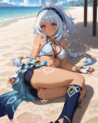 1girl after_sex after_vaginal ai_generated aianoart ass bangs bare_shoulders beach black_shorts blue_sky blush body_markings braid breasts cleavage closed_mouth cloud crop_top cum cum_in_pussy cumdrip dark-skinned_female dark_skin day fingerless_gloves genshin_impact gloves grey_hair hairband halterneck kneehighs legs long_hair looking_at_viewer lying medium_breasts midriff mosaic_censoring mualani_(genshin_impact) navel no_panties ocean on_side outdoors pussy red_eyes sand short_shorts shorts sky sleeveless smile socks solo stomach sweat tattoo thighs twin_braids water white_gloves white_hair