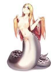 absurd_res breasts colored female genitals hair hi_res humanoid invalid_tag lamia likunea long_hair medium_breasts monster_girl_(genre) nipples nude pose pussy red_hair reptile scales scalie serpentine simple_background snake solo solo_focus white_background