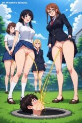 1boy 4women ai_generated femdom milf piss_drinking pissing pissing_in_mouth schoolboy schoolgirl straight teacher teacher_female