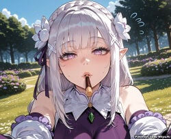 1girl ai_assisted ai_generated bangs bare_shoulders blunt_bangs blush braid breasts curvaceous curvy curvy_female curvy_figure detached_sleeves elf emilia_(re:zero) eyebrows_visible_through_hair female flower gem hair_flower hair_in_mouth hair_ornament hair_ribbon long_hair looking_at_viewer miyuai mouth_hold pointy_ears purple_eyes purple_ribbon re:zero_kara_hajimeru_isekai_seikatsu ribbon silver_hair solo sweat thick thick_ass thick_butt thick_hips thick_legs thick_thighs voluptuous voluptuous_female wide_hips wide_thighs