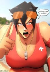 angry angry_female artist_name bending_over big_breasts black_hair dark-skinned_female defal_hady_(artist) illia illia_(defal_hady) indonesian indonesian_text large_breasts lifeguard lifeguard_swimsuit oc original original_character purple_eyes short_hair sunglasses tan_skin tanned_skin tomboy watermark
