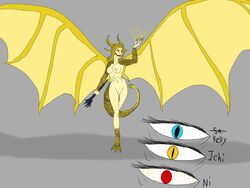 apple3.14 blue_eyes club dorsal_fin dragon electric electric_eyes futadom futanari genderswap godzilla_(series) gold_eyes horns kaiju_girl king_ghidorah menacing monsterverse multiple_persona red_eyes scalie scar solo tail wings yellow_hair yellow_skin