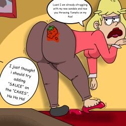2girls ass bent_over big_ass black_shoes blonde_hair breasts buttoned_shirt clothed clothed_female dialogue earrings female female_focus female_only footwear heels indoors lipstick looking_back luan_loud makeup mature_female milf mongios nickelodeon nickelodeon_animation_studio nicktoons open_mouth pants pink_shirt png purple_pants putting_on_shoes red_footwear red_heels red_lipstick rita_loud the_loud_house tomato tongue unseen_female white_earrings
