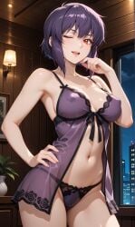 1girl abdomen ai_generated babydoll_lingerie breasts cleavage collarbone cyborg erect_nipples ghost_in_the_shell ghost_in_the_shell_stand_alone_complex half_naked hand_on_cheek hand_on_hip hip_bones hips looking_at_viewer mature_female motoko_kusanagi navel one_eye_closed panties pixai purple_babydoll purple_hair purple_lingerie purple_panties red_eyes seductive_face short_hair smile thighs toned_stomach waist wink