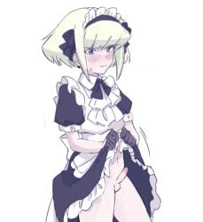 1boy 1femboy androgynous apron blonde_hair blush blushing blushing_at_viewer blushing_profusely bob_cut bow crossdressing curvy_male dress embarrassed embarrassed_expression erection femboy femboy_only feminine_faced_male feminine_male frills lifting_skirt lio_fotia maid maid_apron maid_headdress maid_outfit maid_uniform nervous petite petite_body petite_male promare short_hair short_male shy skirt_lift skirt_up slim slim_male slim_waist small_penis solo sweat sweatdrop thin_waist twink