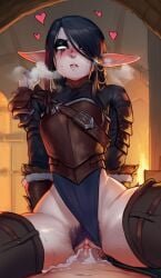 1boy 1boy1girl 1girls ai_generated annoyed annoyed_expression armor armored_female black_hair black_pubic_hair blush clothed_female clothed_sex cowgirl_position cum cum_in_pussy cum_inside elf elf_ears embarrassed eyeshadow face_tattoo fantasy female_pubic_hair hair_over_one_eye hairy_pussy hearts indoors leotard leotard_aside long_hair looking_at_viewer looking_down looking_down_at_viewer male/female male_pov narrow_waist narrowed_eyes pale-skinned_female pale_skin pov pubic_hair pussy_juice sex solid_eyes sweat thick_thighs thighhighs vaginal_penetration wet_pussy white_eyes