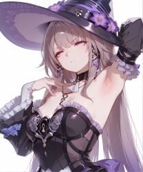 1girl ai_generated arm_up armpit_fetish armpits bare_shoulders breasts closed_mouth detached_sleeves dress flower frills frown hat hat_flower honkai:_star_rail hoyoverse long_hair long_sleeves looking_at_viewer purple_eyes saberai small_breasts solo tagme the_herta_(honkai:_star_rail) uncensored upper_body very_long_hair white_background witch_hat