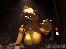 1girl 1girls black_eyes cally3d coming_out_of_screen coming_out_of_tv cryptiacurves golden_freddy_(fnaf) golden_fredina_(cally3d) looking_at_viewer mirumimi naked naked_female nude nude_female reaching_towards_viewer solo solo_female type_0 type_0_(fn:rearousal) white_pupils yellow_body