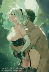 1boy 1girl 2026 2b_(nier:automata) ai_generated bare_shoulders black_blindfold black_hairband black_thighhighs blindfold breasts clothed_female_nude_male clothed_sex cocomiyart collarbone covered_eyes dark_skin elbow_gloves garter_straps gloves gumroad_username hairband hetero highleg_leotard highres hug hug_from_behind leotard medium_breasts mole mole_under_mouth nier:automata nipples nsfw nude open_mouth outdoors sex sex_from_behind short_hair standing standing_sex sweat thighhighs uncensored white_hair