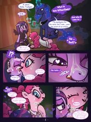 ! <3_eyes 3:4 bodily_fluids comic cum cum_on_face dialogue english_text equid face_lick female female/female feral friendship_is_magic furry genital_fluids greeting group heart hi_res licking licking_cum mammal my_little_pony page_8 pinkie_pie_(mlp) princess_luna_(mlp) rule_63 syoee_b text tongue tongue_out twilight_sparkle_(mlp) yuri