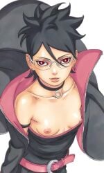 ai_generated black_hair boruto boruto:_two_blue_vortex breasts choker earrings female female_focus female_only glasses jacket naruto naruto_(series) nipples pixie_cut sarada_uchiha small_breasts star_in_eye