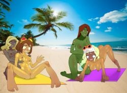 4girls accepting_fate alien_girl all_fours anoneysnufftan anthro applying_sunscreen ass ass_up awkward awkward_smile beach beach_towel birds_of_prey black_canary blonde_hair blue_eyes braided_hair breast_grab breasts brown_hair cat_ears cat_girl dark-skinned_female dark_skin dc_comics dcau dinah_lance embarrassed embarrassed_nude_female eye_twitch female female_only gameoverse glistening goggles goggles_on_head green_hair green_skin gunsmith_bitch_(psg) hand_on_shoulder hanging_breasts humiliation imminent_death imminent_orgasm justice_league killer_lotion kit_(gameoverse) legs_apart long_hair looking_down looking_down_at_self lotion martian massage megan_morse miss_martian murder nervous nervous_smile nipples nude nude_beach oil oiled palm_tree panty_&_stocking_with_garterbelt peril photo_background pink_eyes punishment pussy red_hair reluctant_arousal reluctant_sub rubbing sand seaside shiny_skin sitting sky snuff spread_legs summer sunbathing sunscreen towel water young_justice