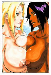 2girls ai_generated bleach blonde_hair crossover dark-skinned_female milf naruto_(series) shihouin_yoruichi tsunade