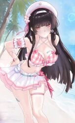 1girls beach black_hair chisa_(wuthering_waves) female long_hair medium_breasts official_alternate_costume pink_swimsuit red_eyes see-through_clothing see-through_swimsuit swimsuit wuthering_waves