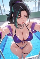 1girl 1girls ai_generated bikini black_hair boobs breasts commission female female_focus fortnite fortnite:_battle_royale fortnite:_save_the_world freckles freckles_on_face girl green_eyes helsie_(fortnite) light-skinned_female light_skin lips makeup medium_breasts multicolored_hair ponytail sand_witch_helsie_(fortnite) stable_diffusion tagme tits uncensored wardens watermark