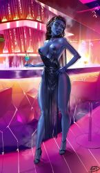 1girls alien big_breasts blue_skin breasts female high_heels megaween nipples solo