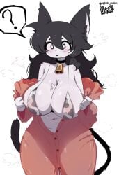 1girl 1girls 2d ? absurd_res artist_logo artist_name artist_signature belly belly_button black_hair bloxmane blush boobs breasts breasts_bigger_than_head breasts_out cat_ears cat_girl cat_tail clothed clothing coat confused cow_print_bikini curvy curvy_female curvy_figure female flushed flustered fur furry huge_breasts mako_(makonekko) makonekko nipple_bulge nipples steam thick_thighs thighs ughhh_melon undressing white_body white_fur
