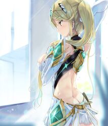 alternate_hairstyle armor ass blonde_hair breasts butt_crack dress female gloves hinot indoors inoue_takuya_(pixiv_99697) jewelry large_breasts long_hair looking_to_the_side mythra_(xenoblade) nintendo ponytail smile solo sunlight tiara xenoblade_(series) xenoblade_chronicles_2 yellow_eyes