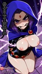 1girl 1girls after_battle ai_generated angry angry_expression angry_face arms_behind_back blurry_background bound_arms bound_wrists breasts breasts_out captured captured_female defeated defeated_female english english_text forced gag gagged hands_behind_back hood hood_up humiliation imminent_rape kneeling looking_at_another magic medium_breasts nipples powerless purple_eyes purple_hair rape rasilinai raven_(dc) short_hair stable_diffusion tagme teen_titans text thighs torn_clothes