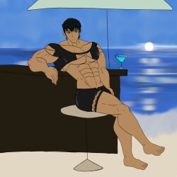 beach drink handsome_man hermes_(ffxiv) huge_pecs muscular_male pathos_030 staring_at_viewer swimsuit