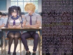 1boy 1boy1girl 1girls ai_generated caption dialogue embarrassed english_text genshin_impact mona_(genshin_impact) netorare purple_hair santi21 school school_uniform schoolgirl shy story tagme university