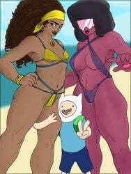 1boy 2girls adventure_time african african_female artist_request beach big_breasts breasts cartoon_network cleavage dark-skinned_female dark_skin dc_comics female finn_the_human garnet_(steven_universe) height_difference larger_female male multiversus nubia_of_themyscira_(zahavah) size_difference smaller_male steven_universe swimsuit tagme_(artist) warner_brothers wonder_woman_(series)
