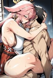 1boy 1girl ai_generated animal_ears arms_around_neck bangs bare_shoulders biceps black_hair blush breast_press breasts clothed_female_nude_male clothed_sex clothing completely_nude earrings female fox_ears genshin_impact girl_on_top hair_between_eyes hair_ornament hetero hug implied_sex japanese_clothes jewelry large_breasts leg_lock long_hair male muscular muscular_male novart01 nude open_mouth pink_hair purple_eyes sex short_hair sideboob sitting sitting_on_person sleeveless steaming_body straddling sweat thick_thighs thighs traditional_clothes upright_straddle wafuku yae_miko yae_miko_(genshin_impact)