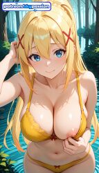 1girls 2026 ai_assisted ai_generated anime big_breasts blue_eyes boobs breasts bust busty darkness_(konosuba) hair_ornament hi_res high_quality high_resolution highres kono_subarashii_sekai_ni_shukufuku_wo! large_breasts long_hair nipples patreon patreon_username skypassion smile stable_diffusion tits uncensored_nipples watermark x_hair_ornament yellow_bikini