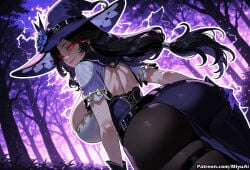 1girl ai_assisted ai_generated ass belt black_hair black_legwear breasts bug butterfly curvaceous curvy curvy_female curvy_figure dress female forest from_behind full_moon gloves goddess_of_victory:_nikke grin hat large_breasts long_hair looking_at_viewer looking_back maiden_(ice_rose)_(nikke) maiden_(nikke) miyuai mole moon nature night outdoors puffy_sleeves red_eyes short_sleeves skirt smile solo thick thick_ass thick_butt thick_hips thick_legs thick_thighs thighs tree voluptuous voluptuous_female wide_hips wide_thighs witch witch_hat