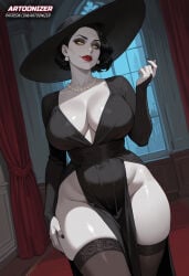 1girls ai_generated alcina_dimitrescu artoonizer ass big_ass big_breasts black_dress black_hair black_nail_polish black_nails breasts curvy curvy_female curvy_figure earrings female glowing_eyes grey-skinned_female grey_skin hand_on_thigh jewelry large_breasts large_hat light-skinned_female light_skin lingerie long_sleeves looking_at_viewer makeup mature_female milf necklace patreon patreon_username plunging_neckline posing red_lips red_lipstick resident_evil resident_evil_8:_village short_hair smile solo solo_female solo_focus standing stomach thick_hips thick_thighs thighhighs wide_hips yellow_eyes