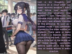 big_ass big_breasts blue_eyes blue_skirt caption english_text genshin_impact mona_(genshin_impact) netorare purple_hair santi21 school_uniform schoolgirl skirt story thighs
