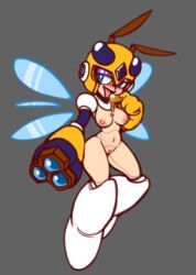 1girls antennae areolae arm_cannon armor belly blue_eyes blush breasts capcom chipposter female female_focus female_only finger_licking flying helmet honey honey_woman mega_man mega_man(classic) nipples nude pussy robot robot_girl robot_joints solo solo_female solo_focus vagina vesper_woman wings