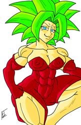 afreetime big_breasts biting_lip blue_eyes dragon_ball dragon_ball_super dress fusion green_hair kefla legendary_super_saiyan muscular_female red_dress saiyan spiky_hair super_saiyan super_saiyan_2