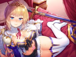 armor bedroom bedroom_eyes cleavage kibanda_gohan looking_at_viewer only_female pubic_tattoo sweat sword thighhighs tiara weapon wet_pussy