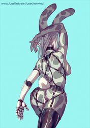 anthro english_text female hare hi_res lagomorph leporid mammal rexwind robotic_arm rubber solo text