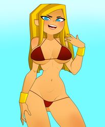 1girls bikini blaineley_(tdi) blonde_hair blue_eyes bracelets breasts cleavage female female_only gold hourglass_figure large_breasts pinup red_bikini rodjim slim small_waist solo swimsuit thick_thighs total_drama_island wide_hips