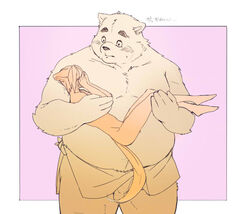 2020 anthro balls belly blush canid canine canis carrying domestic_dog duo genitals humanoid_genitalia humanoid_hands humanoid_penis inunoshippo japanese_text kemono male male_only mammal overweight overweight_male penis text towel