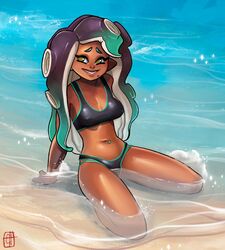 1girls beach beauty_mark cephalopod chechi dark-skinned_female female long_hair marina_(splatoon) nintendo nipple_bulge octoling piercing solo splatoon splatoon_2 swimsuit tentacle_hair