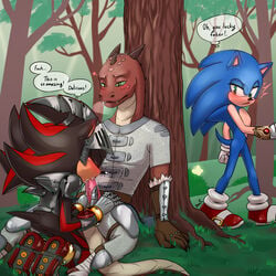 1:1 anthro armor bean_(llamalord) caught clothing english_text eulipotyphlan exposed_torso fellatio footwear forest group handwear hedgehog hi_res humanoid kobold krazyelf male male/male mammal mostly_nude oral outside penile profanity sex shadow_the_hedgehog sir_lancelot_(sonic_and_the_black_knight) sonic_(series) sonic_and_the_black_knight sonic_the_hedgehog sonic_the_hedgehog_(series) text tree voyeur